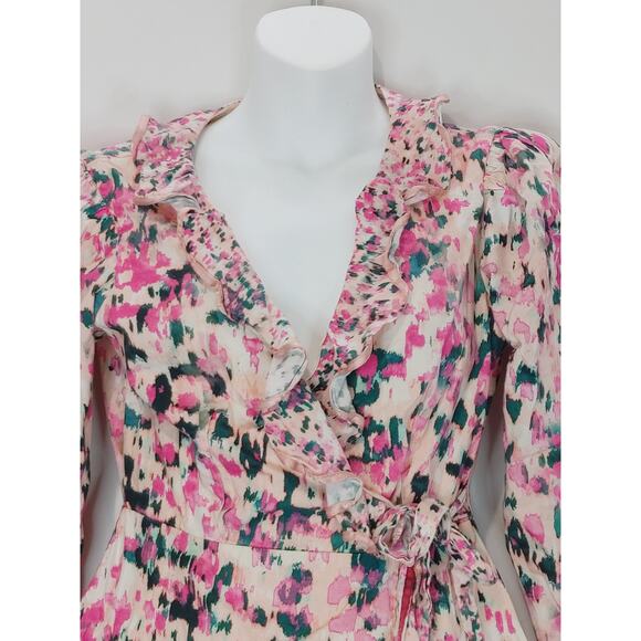 Rococo Sand Mimi Wrap Dress Long Sleeve V Neck Ruffled Pink Watercolor Medium - Picture 9 of 14